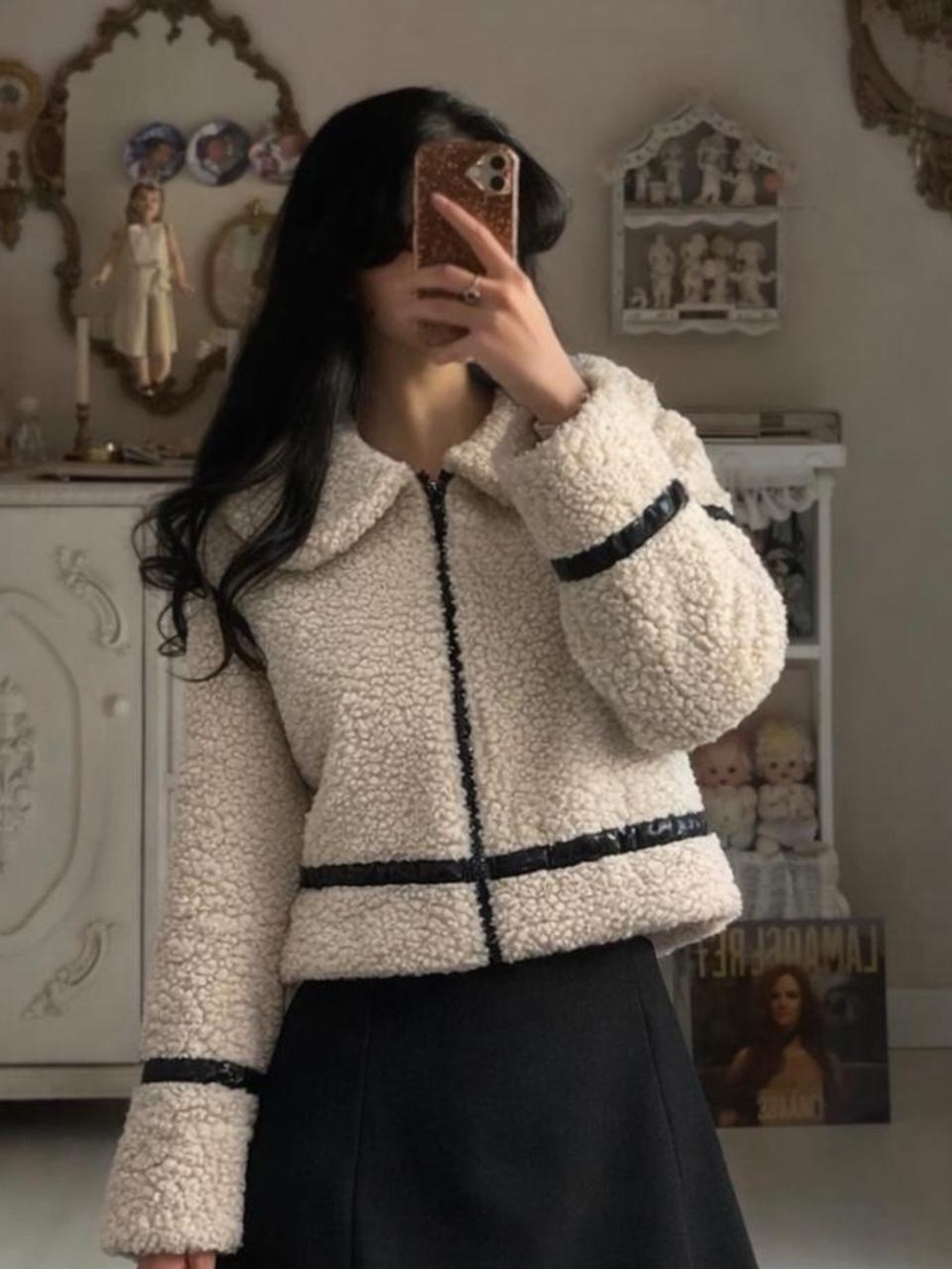 SHEIN Cream Sherpa Jacket with Black Trim